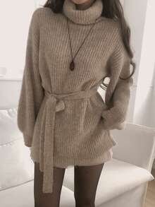 DAZY Women's High Neck Solid Color Long Sleeve Tie-Up Elegant Korean Style Sweater - Coffee Brown - View 8