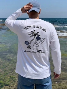 DAZY 春秋款長袖海灘衝浪印花白色韓系男士T恤 - 白色 - 查看 2
