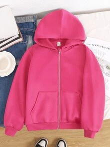 SHEIN 青少年女孩秋冬休閒連帽開襟外套 - 玫紅色 - 查看 5
