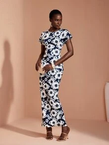 JIAN LASALA Multi Floral Print Short Batwing Sleeve Back Slit Long Dress Vacation Party Casual - Multicolor - View 6