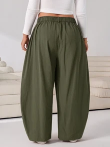 Solflare Plus Size Women's Solid Color Pleated Casual Versatile Daily Travel Long Pants - Army Green - View 2