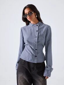 LYSMO Women's Plaid Long Sleeve Single-Breasted Casual French Elegant Stand Collar Shirt Office Brunch White And Navy Fall - Blue - View 4