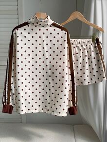 Comfortcana Women's Polka Dot Print Zipper Front Jacket And Shorts Casual 2 Pieces Set - Apricot - View 2