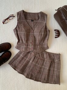 Comfortcana Plaid Tweed Back To School Academy Vest And Pleated Skirt Set - Multicolor - View 1