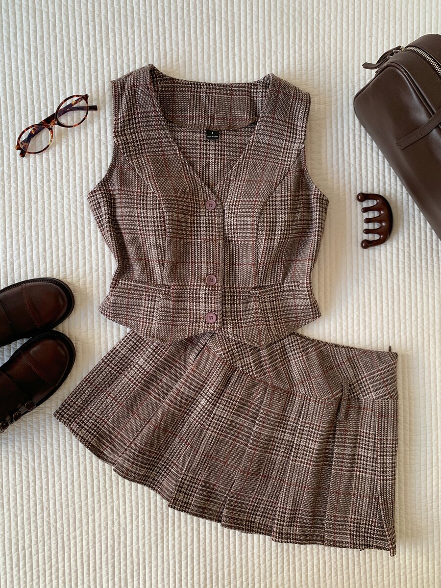 Comfortcana Plaid Tweed Back To School Academy Vest And Pleated Skirt Set - Multicolor - View 1