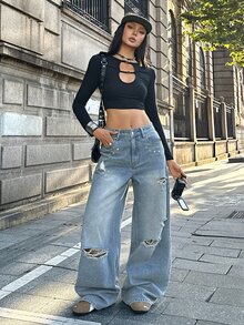 StreetHx Distressed Washed Light Blue Ripped Wide Leg Jeans Metal Eyelet Decor Loose Long Pants Rave Concert Autumn Streetwear Y2k Grunge - Light Wash - View 7