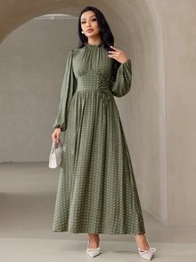 Veilorie Women's French Polka Dot Print Drawstring Tie Ruched Dress - Green - View 6