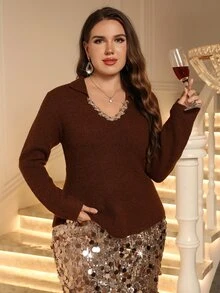 Miaspire Plus Size Women's Fashion Elegant Sequin Braided Neckline Decor Lapel Brown Slim Fit Pullover Sweater Casual Versatile Commute Autumn/Winter Top - Brown - View 1