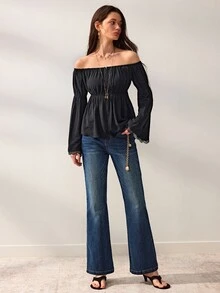Willow Rêve Women's Black Loose Cold Shoulder Bell Sleeve Top, Lace Cuffs With Elastic Ruffles, Solid Color Western Romantic Bohemian Style, Suitable For Summer Vacation Party Travel - Black - View 3