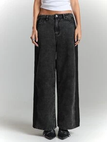 BAD SUNDAY Women's Wide Leg Loose Casual Versatile Denim Jeans With Pockets - Black - View 4