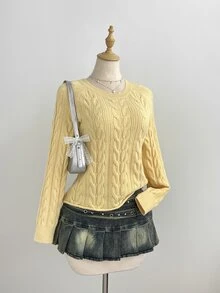 Elamini Women's Yellow Loose Casual Versatile Textured Cable Knit Pullover Sweater For Daily Commute, Autumn/Winter - Yellow - View 3