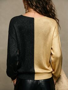 SHEIN 秋冬拼接配色V領針織毛衣，對比撞色長袖寬鬆上衣 - 彩色 - 查看 3