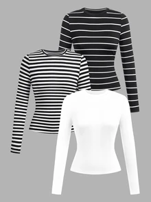 SHEIN EZwear 女款 3 件組圓領休閒修身長袖 T 恤，適合秋季 - 彩色 - 查看 1