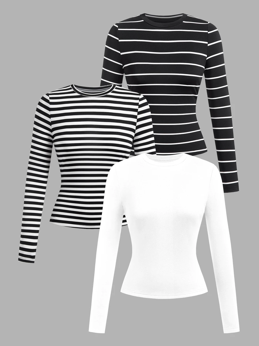 SHEIN EZwear 女款 3 件組圓領休閒修身長袖 T 恤,適合秋季 - 彩色 - 查看 1
