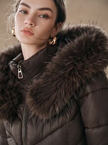 Anewsta Winter Brown Detachable Hood Fur Collar Padded Coat - Coffee Brown - View 4