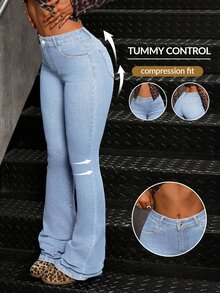 SHEIN Tall 女款休閒中腰牛仔緊身喇叭褲，附口袋 - 藍色 - 查看 8