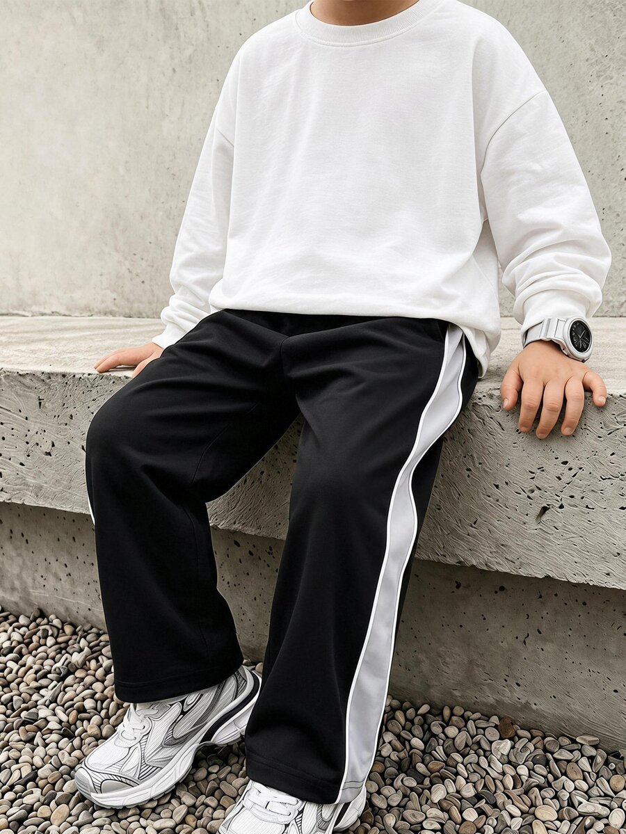 SHEIN 1件男孩運動休閒學院風百搭時尚簡約實用軟舒適直筒長褲,附裝飾抽繩與腰帶,適合日常穿著、校園活動、運動,四季皆宜 - 彩色 - 查看 1