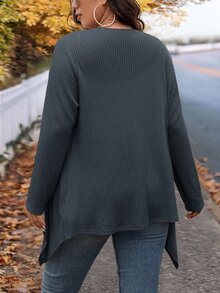SHEIN LUNE 大尺碼冬季時尚不規則領設計長版針織開襟衫，適合外出與上班穿著 - 灰色 - 查看 2
