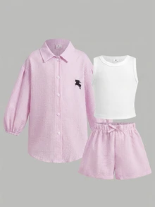 SHEIN 女童編織條紋休閒襯衫 + 吊帶背心 + 短褲 3 件套，馬標，黃色條紋 - 淺粉色 - 查看 7