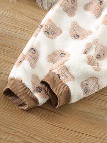 SHEIN 中性嬰兒男/女童 幼兒 2件組 秋冬保暖內裡加厚可愛熊圖案絨毛家居服套裝 睡衣套裝 嬰兒冬季睡衣聖誕款 - 卡其色 - 查看 5