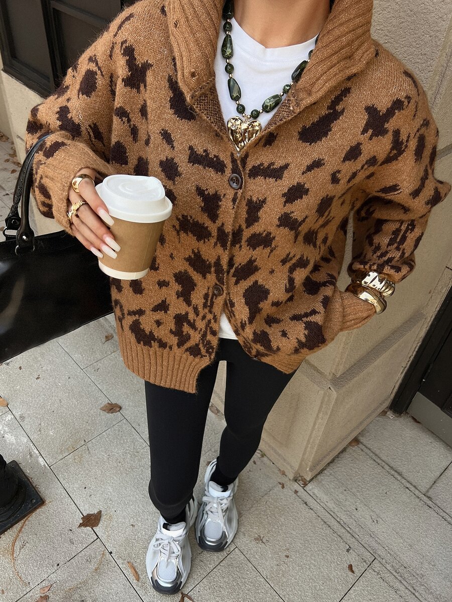 DAZY Autumn/Winter Leopard Print Lapel Single-Breasted Loose Silhouette Cardigan Long Sleeve Slouchy Personalized Street Commute Fashion Women's Open Front Sweater - Brown - View 1