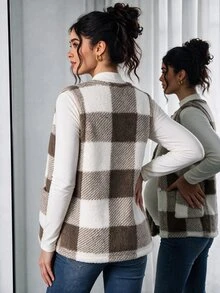 SHEIN Jaket Hamil Tipis Motif Kotak-kotak, Jaket Kasual Lengan Panjang dengan Kancing, Musim Dingin - Coklat - View 2