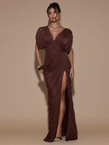 SHEIN BAE Gaun Musim Gugur Musim Dingin Cokelat Leher V Dalam Lengan Mengembang Berkerut Belahan Ramping untuk Pesta Makan Malam Thanksgiving - Purple - View 7