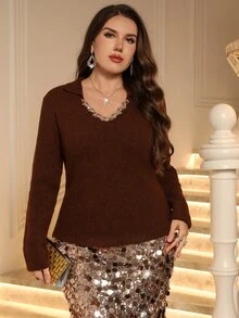 Miaspire Plus Size Women's Fashion Elegant Sequin Braided Neckline Decor Lapel Brown Slim Fit Pullover Sweater Casual Versatile Commute Autumn/Winter Top - Brown - View 2