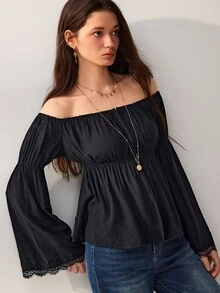 Willow Rêve Women's Black Loose Cold Shoulder Bell Sleeve Top, Lace Cuffs With Elastic Ruffles, Solid Color Western Romantic Bohemian Style, Suitable For Summer Vacation Party Travel - Black - View 5
