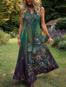 Breezaya Plus Size Women's Boho Butterfly Floral Print Notch V-Neck Sleeveless Maxi Dress, Vintage Gradient Long Swing Dresses For Fall Holiday,Music Festival - Multicolor - View 4