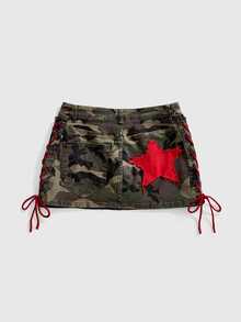 ROMWE Street Life Plus Size Street Retro Red Contrast Color English Letter Camouflage Women's Denim Skirt - Multicolor - View 2