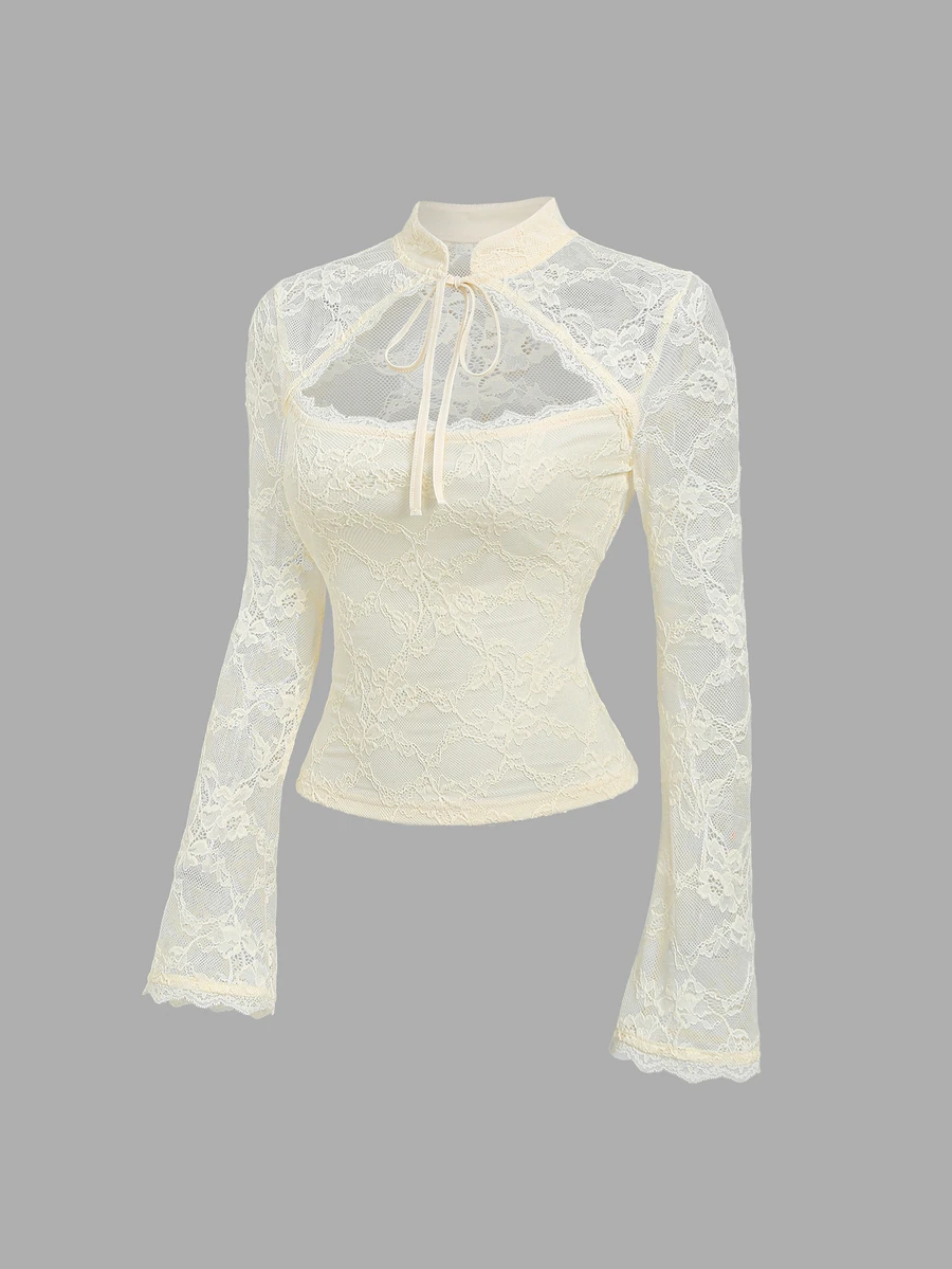 Sweetra New Lace Chinese Style Bell Sleeve Blouse, Small Stand Collar, Elegant And Sweet, Suitable For Casual Outfits - Apricot - View 1