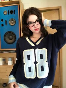 DAZY Women's V-Neck Korean Style English Letter Print Long Sleeve Deer Fleece Sweater Fall - Blue - View 1