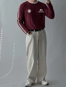 DAZY Summer Letter Print Patchwork Contrast Collar Burgundy Men's T-Shirt - Burgundy - View 4