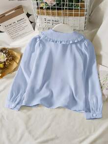 SHEIN LMoss Kids 少女可愛百搭休閒都市校園風長袖彼得潘領襯衫 - 淺藍色 - 查看 2