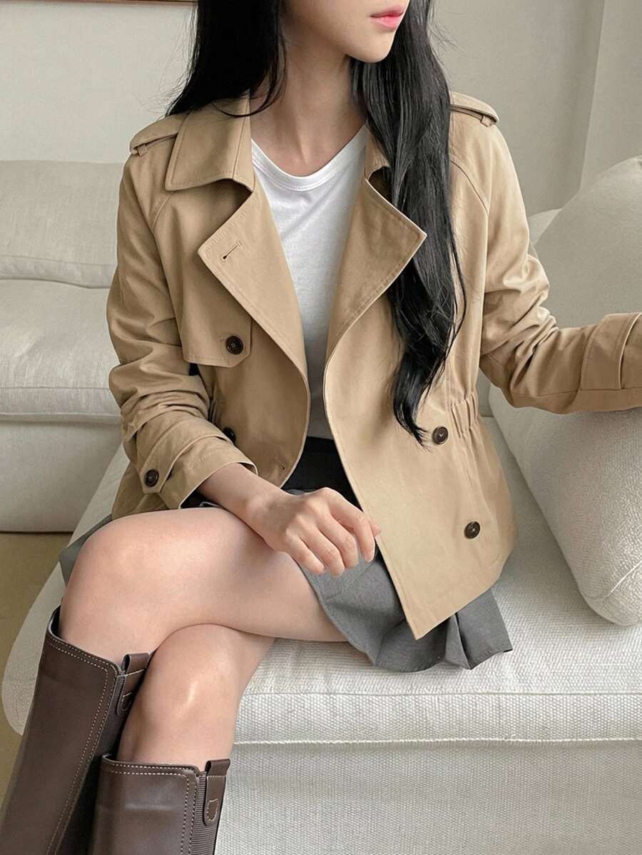DAZY 女款純色雙排扣長袖休閒風衣外套,秋冬款 - 卡其色 - 查看 1