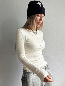 DAZY 女款休閒水鑽裝飾保暖內裡T恤，秋冬款 - 杏色 - 查看 4