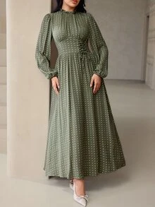 Veilorie Women's French Polka Dot Print Drawstring Tie Ruched Dress - Green - View 1