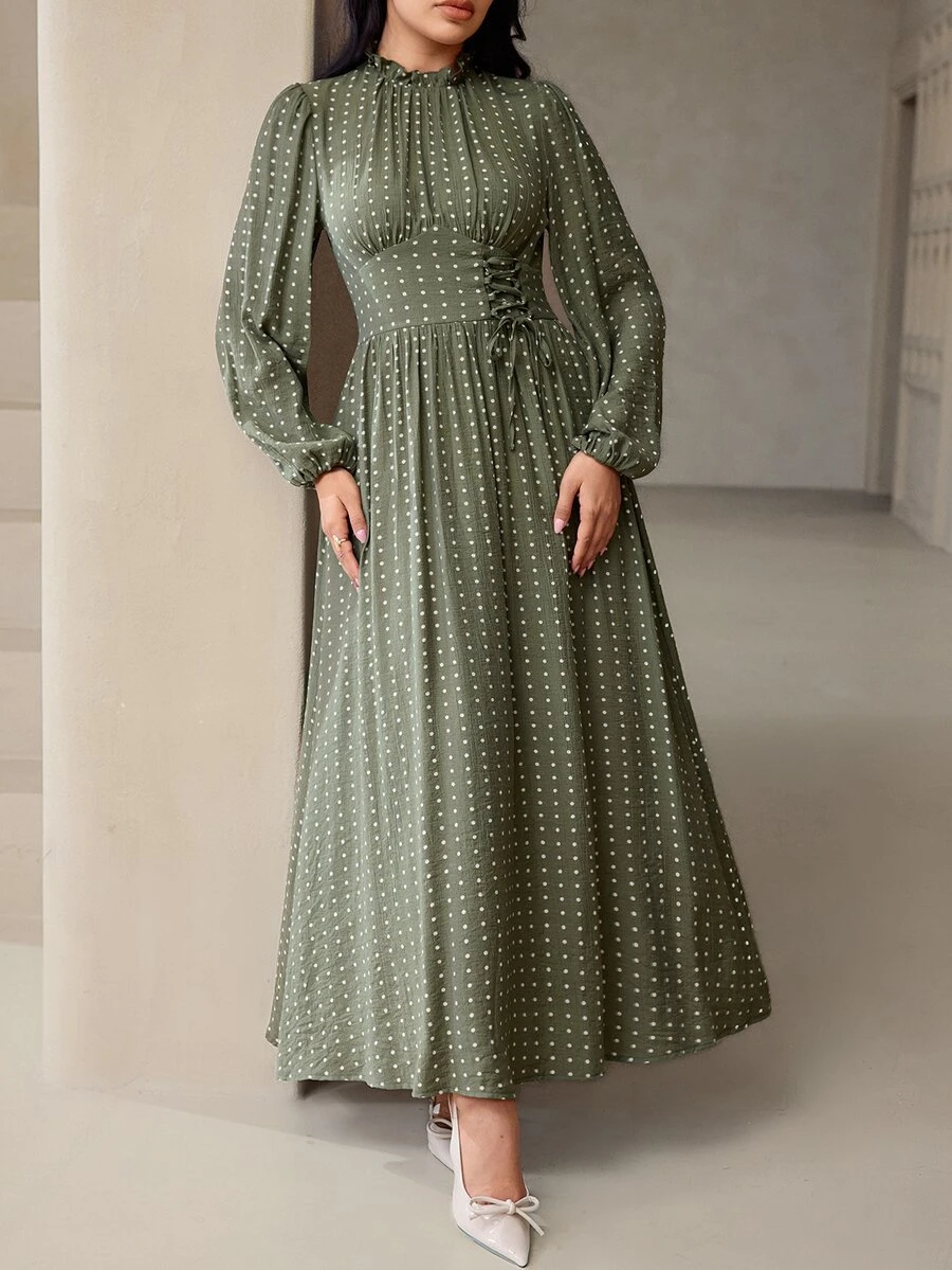 Veilorie Women's French Polka Dot Print Drawstring Tie Ruched Dress - Green - View 1