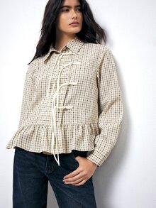 Maija Women's Placket Design Long Sleeve Ruffle Hem Plaid Shirt - Apricot - View 6