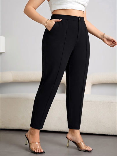 SHEIN Essnce Women's Plus-Size Black Tapered Trousers With Elastic Waist – Stylish, Stretchy, And Comfortable For Autumn/Winter,Fall Outfits,Work Pants,Curve Pants