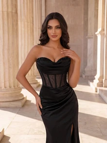 Coutiva Women's Fishbone Mesh Rhinestone Embellished Sexy Elegant Evening Dress - Black - View 6