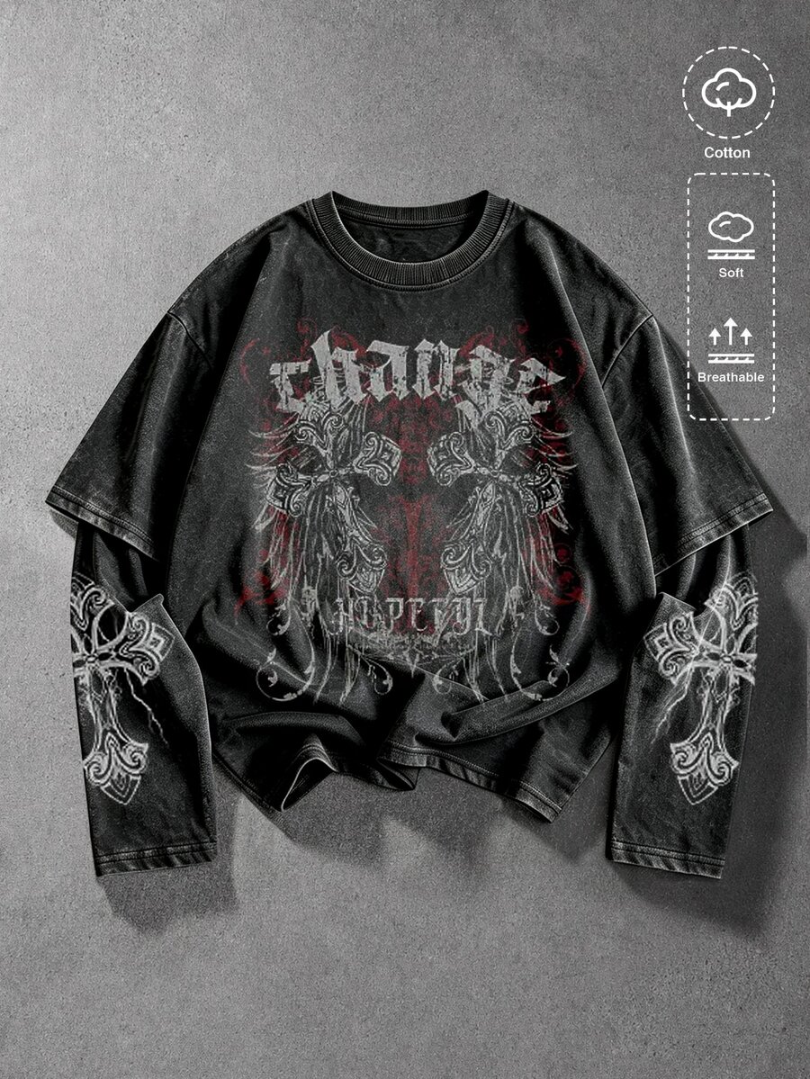 Manfinity EMRG Men's 2 In 1 Cross & Letter Print Casual Long Sleeve T-Shirt - Black - View 1