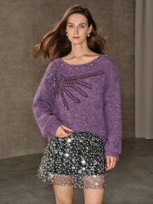 Anewsta French Autumn/Winter High-End Fashion Design Elegant Sophisticated Evening Style Heavy Beaded & Rhinestone Embellished Floral Stamen Sweater - Violet Purple - View 4