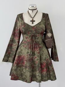 Sunspun Große Größen V-Ausschnitt bedrucktes Kleid mit geraffter Taille und A-Linie - Verschiedenfarbig - Übersicht 3