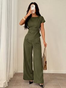 SHEIN PETITE 女款橄欖綠圓領不對稱下擺襯衫與寬腿褲套裝 教師節 辦公室工作 商務 夏季休閒 商務專業 - 軍綠色 - 查看 4