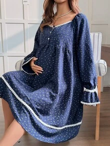 DAZY Ditsy Floral Loose Long Sleeve Square Neck Lace Trim Casual Vacation Home Daily Spring Autumn Maternity Dress - Blue - View 7
