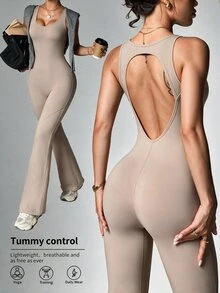 Slayform Slayform Solid Color Backless Sleeveless Sports Jumpsuit - Beige - View 2