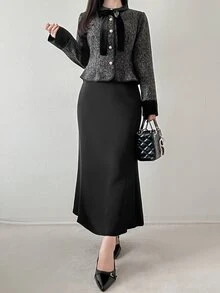 FRIFUL Jaket Wanita Lengan Panjang Elegan Potongan Reguler dengan Hiasan Pita untuk Musim Gugur - Grey - View 3