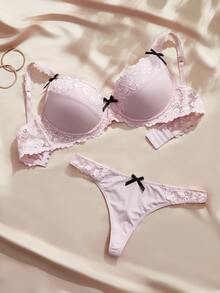 SHEIN 女款對比色蕾絲蝴蝶結裝飾時尚內衣套裝 - 淺粉色 - 查看 5